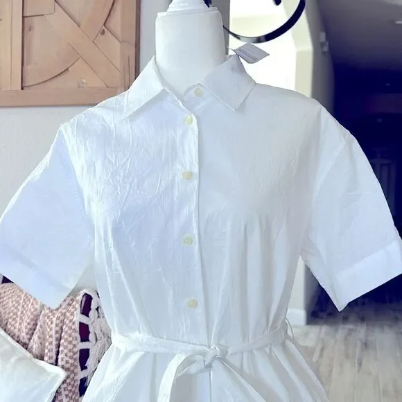 NWT Coach Wrinkled Button Down Dress White Short Sleeve Cotton Tie Pockets Mini - Picture 8 of 13